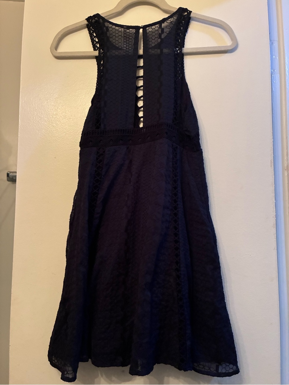 Free People Mini Dress Black Lace Cutout Swing Dress crochet festival boho sz 2